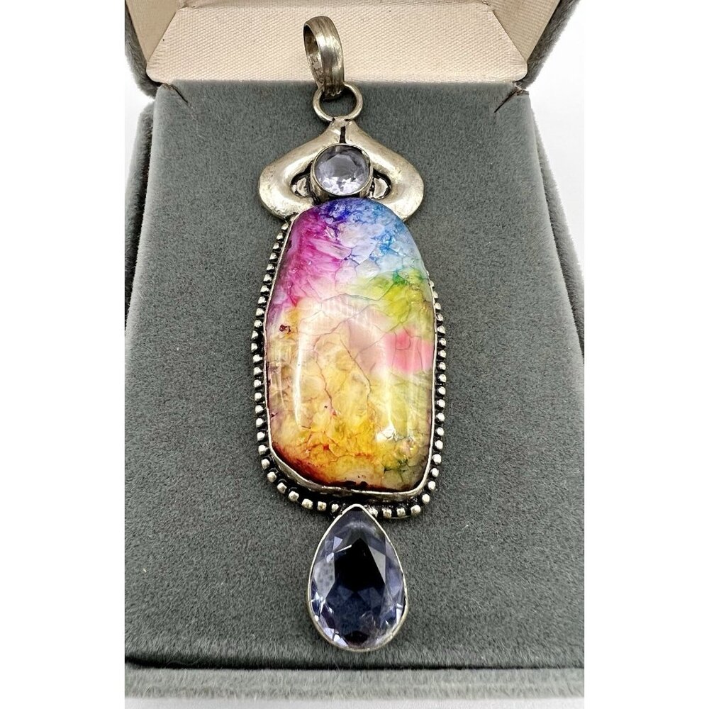 Vintage Sterling Silver Artisan Rainbow Solar Quartz Pendant